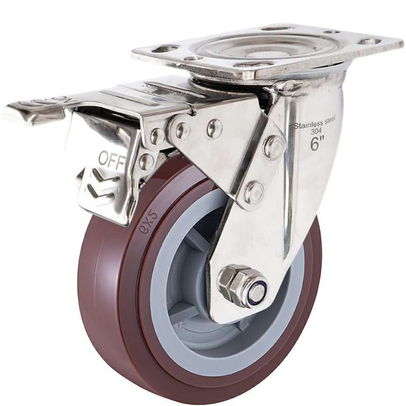 重型07系列6寸不銹鋼聚氨酯棗紅萬向剎車輪 SUS0701B-150-6282