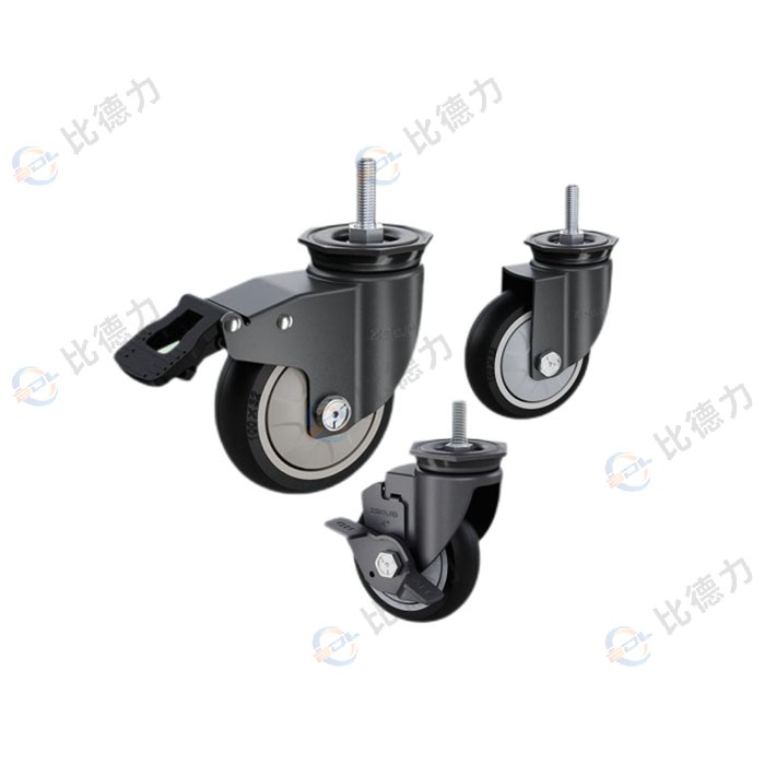 工匠牌 3寸 絲桿萬向/絲桿剎車/絲桿邊剎 單軸圓邊黑色聚氨酯TPU