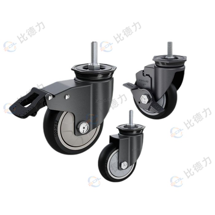 工匠牌 5寸 絲桿萬向/絲桿剎車/絲桿邊剎 單軸圓邊黑色聚氨酯TPU