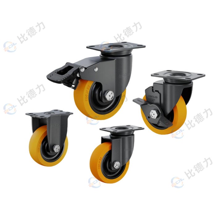 工匠牌 3寸平頂固定/平頂萬向/平頂剎車/平頂邊剎 雙軸方邊橙色聚氨酯TPU