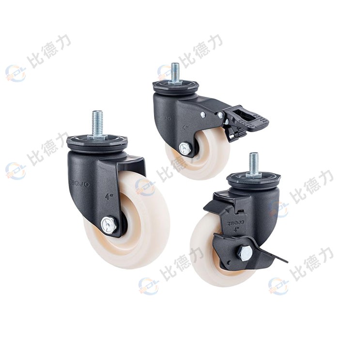 工匠牌 3寸 絲桿萬向/絲桿剎車/絲桿邊剎 雙軸圓邊奶白色聚丙烯PP