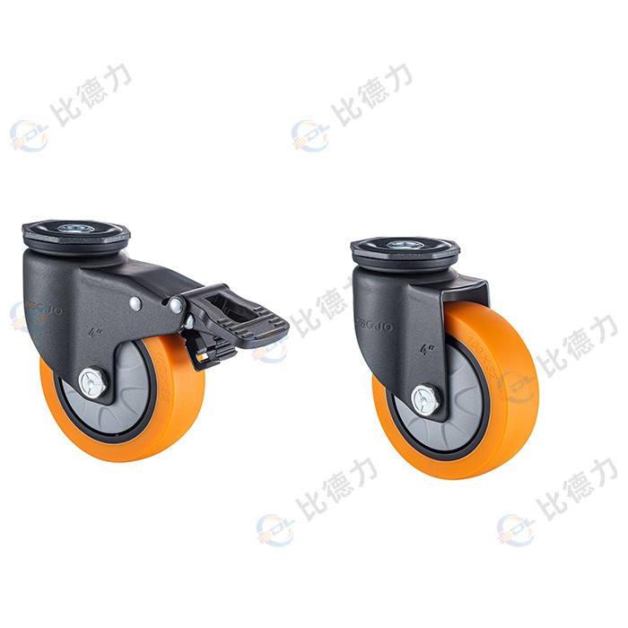 工匠牌 3寸 頂孔萬向/頂孔剎車 單軸方邊橙色聚氨酯TPU
