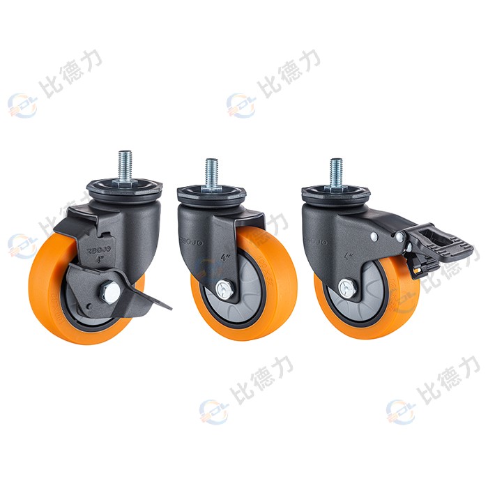 工匠牌 4寸 絲桿萬向/絲桿剎車/絲桿邊剎 單軸方邊橙色聚氨酯TPU